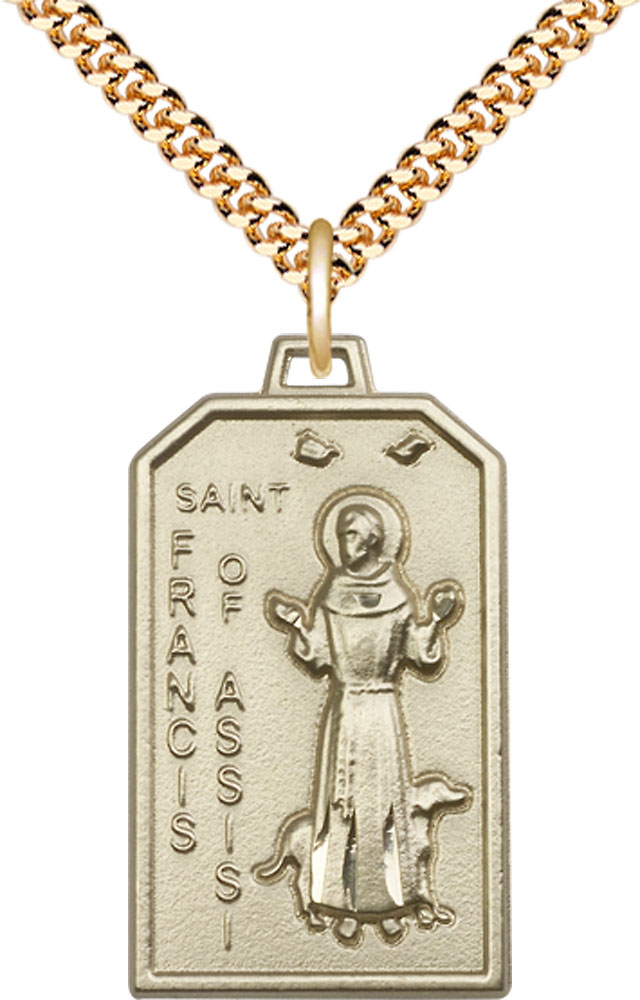 14kt Gold Filled Saint Francis Pendant on a 24 inch Gold Plate Heavy Curb chain