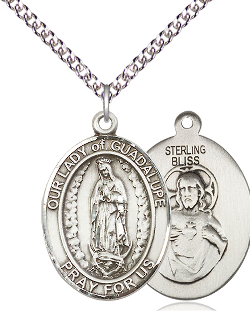 Sterling Silver Our Lady of Guadalupe Pendant on a 24 inch Sterling Silver Heavy Curb chain