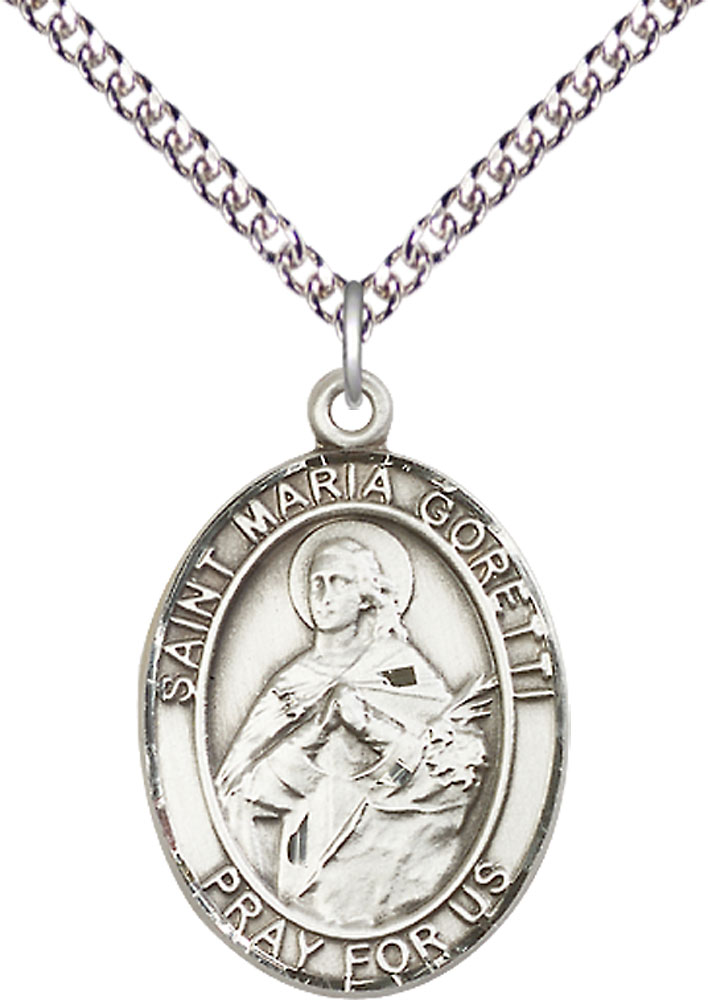 Sterling Silver Saint Maria Goretti Pendant on a 24 inch Sterling Silver Heavy Curb chain