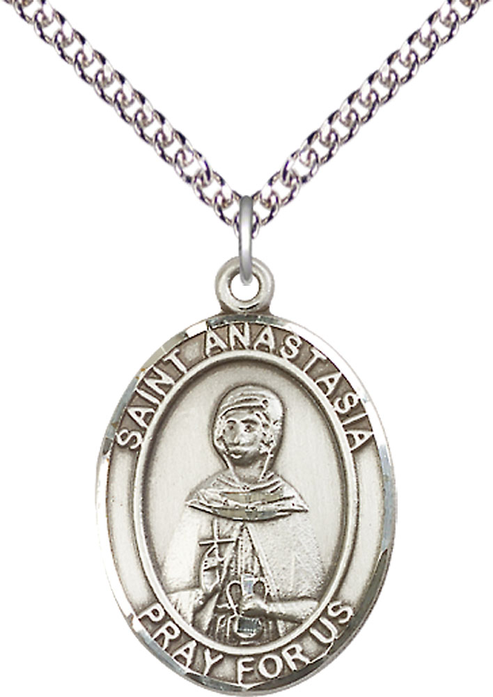 Sterling Silver Saint Anastasia Pendant on a 24 inch Sterling Silver Heavy Curb chain
