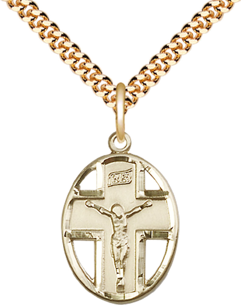 14kt Gold Filled Crucifix Pendant on a 24 inch Gold Plate Heavy Curb chain