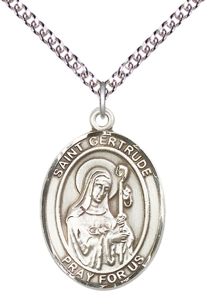 Sterling Silver Saint Gertrude of Nivelles Pendant on a 24 inch Sterling Silver Heavy Curb chain