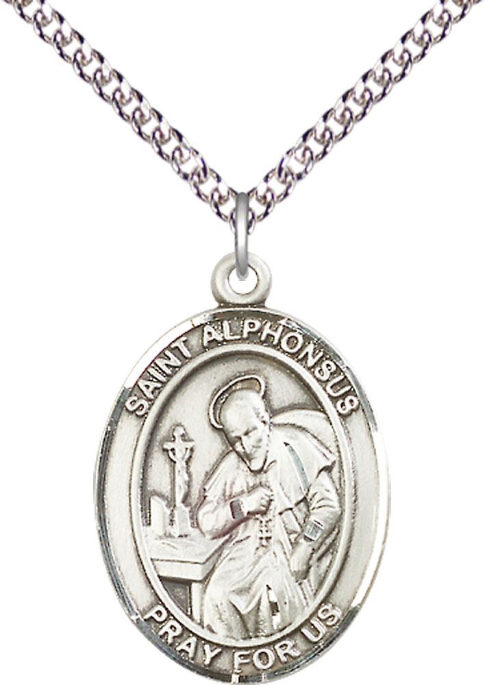 Sterling Silver Saint Alphonsus Pendant on a 24 inch Sterling Silver Heavy Curb chain