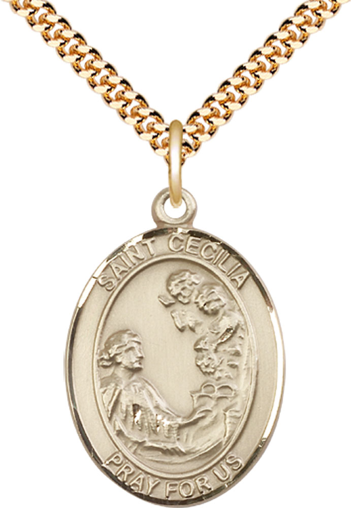 14kt Gold Filled Saint Cecilia Pendant on a 24 inch Gold Plate Heavy Curb chain