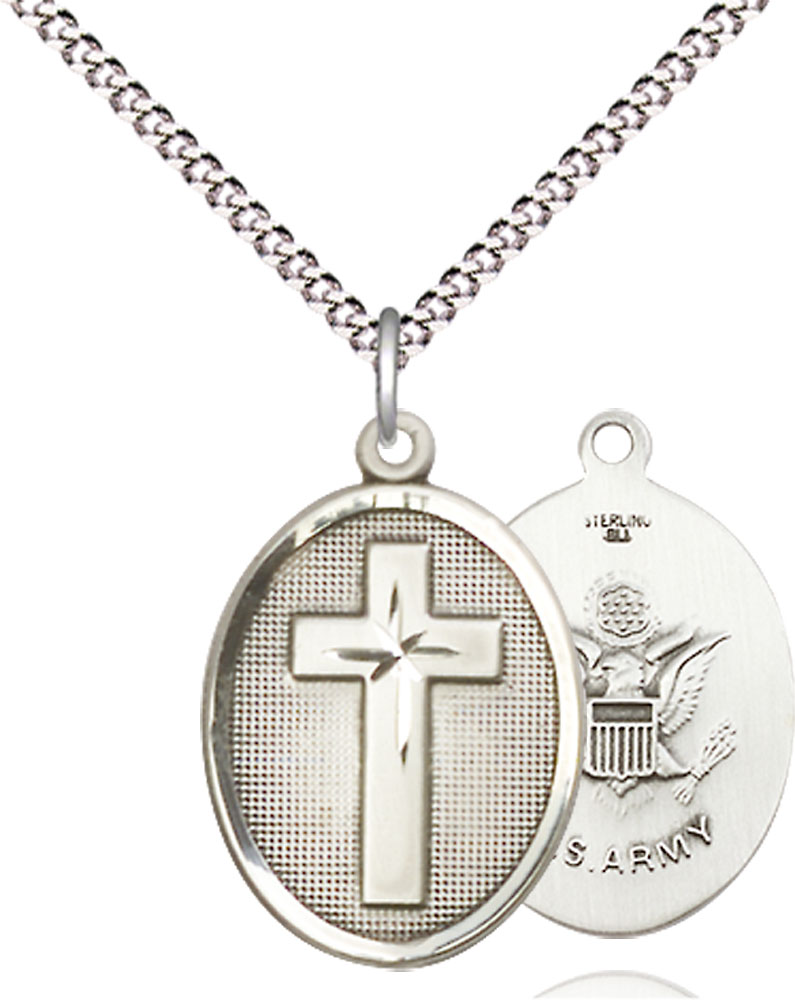 Sterling Silver Cross Army Pendant on a 18 inch Light Rhodium Light Curb chain