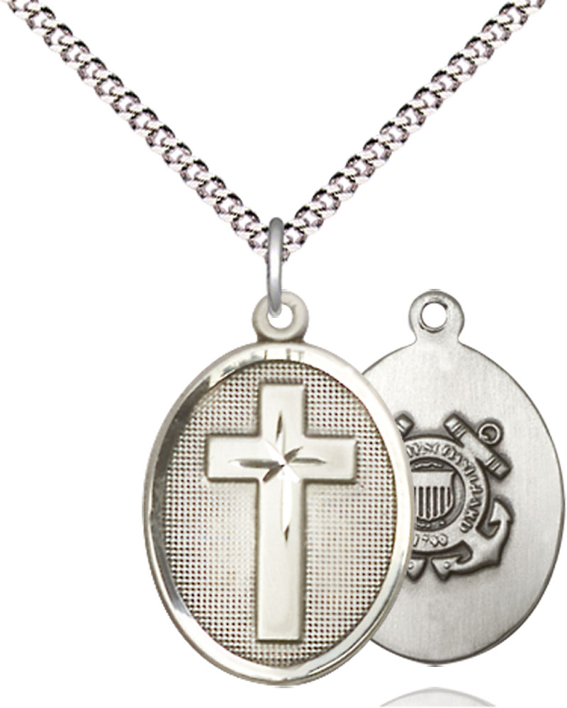 Sterling Silver Cross Coast Guard Pendant on a 18 inch Light Rhodium Light Curb chain
