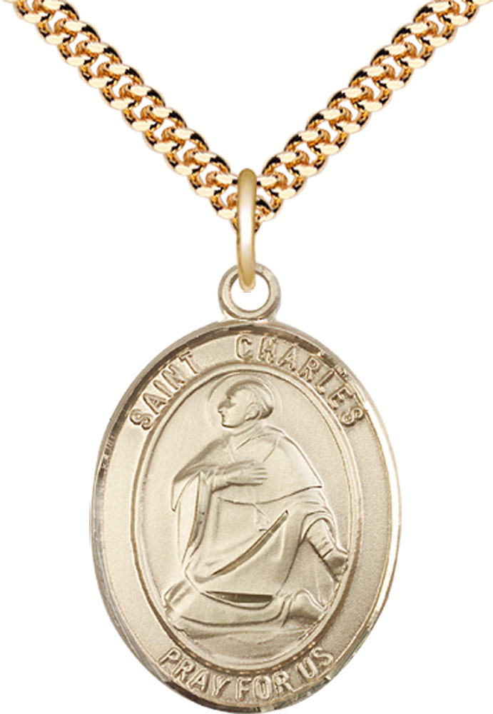 14kt Gold Filled Saint Charles Borromeo Pendant on a 24 inch Gold Plate Heavy Curb chain