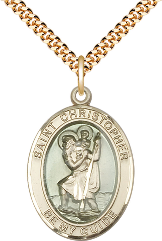 14kt Gold Filled Saint Christopher w/Epoxy Pendant on a 24 inch Gold Plate Heavy Curb chain