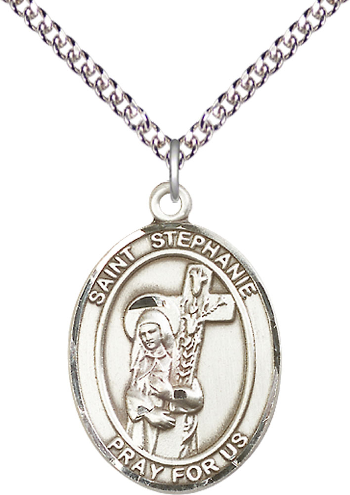 Sterling Silver Saint Stephanie Pendant on a 24 inch Sterling Silver Heavy Curb chain