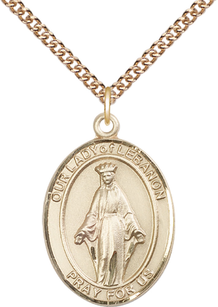 14kt Gold Filled Our Lady of Lebanon Pendant on a 24 inch Gold Filled Heavy Curb chain