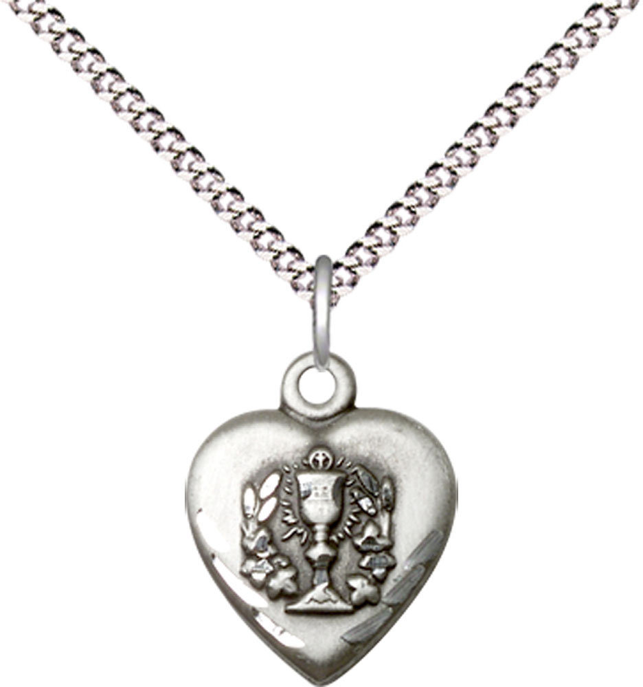 Sterling Silver Heart / Communion Pendant on a 18 inch Light Rhodium Light Curb chain