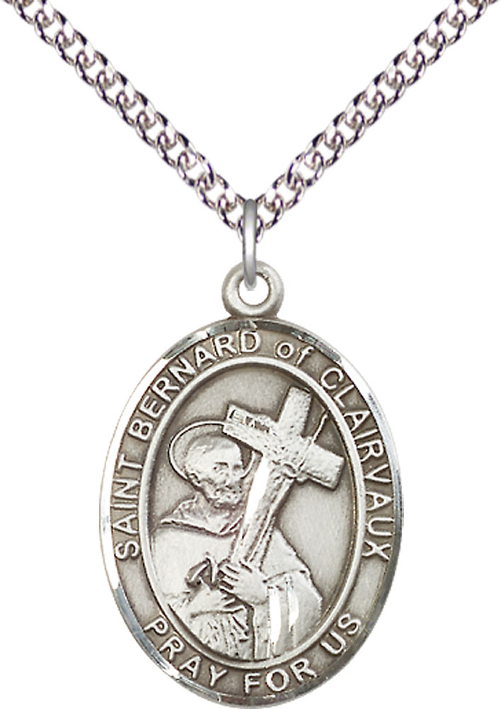 Sterling Silver Saint Bernard of Clairvaux Pendant on a 24 inch Sterling Silver Heavy Curb chain