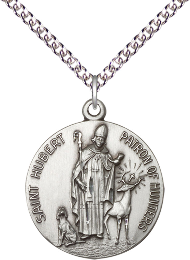 Sterling Silver Saint Hubert of Liege Pendant on a 24 inch Sterling Silver Heavy Curb chain