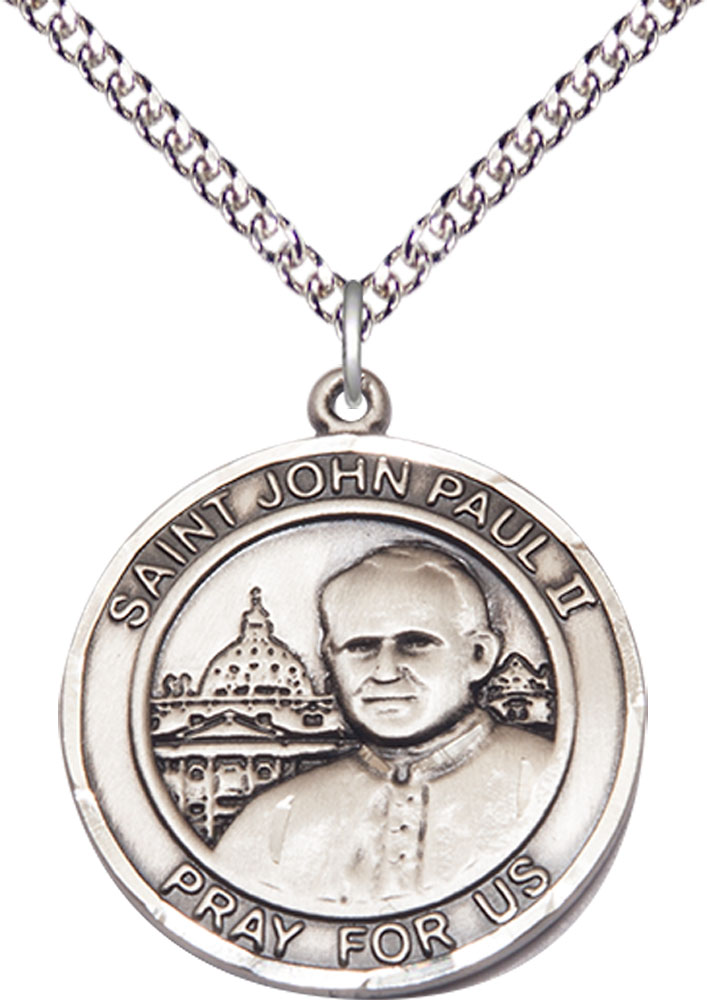 Sterling Silver Saint John Paul II Pendant on a 24 inch Sterling Silver Heavy Curb chain