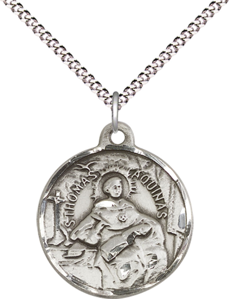 Sterling Silver Saint Thomas Aquinas Pendant on a 18 inch Light Rhodium Light Curb chain