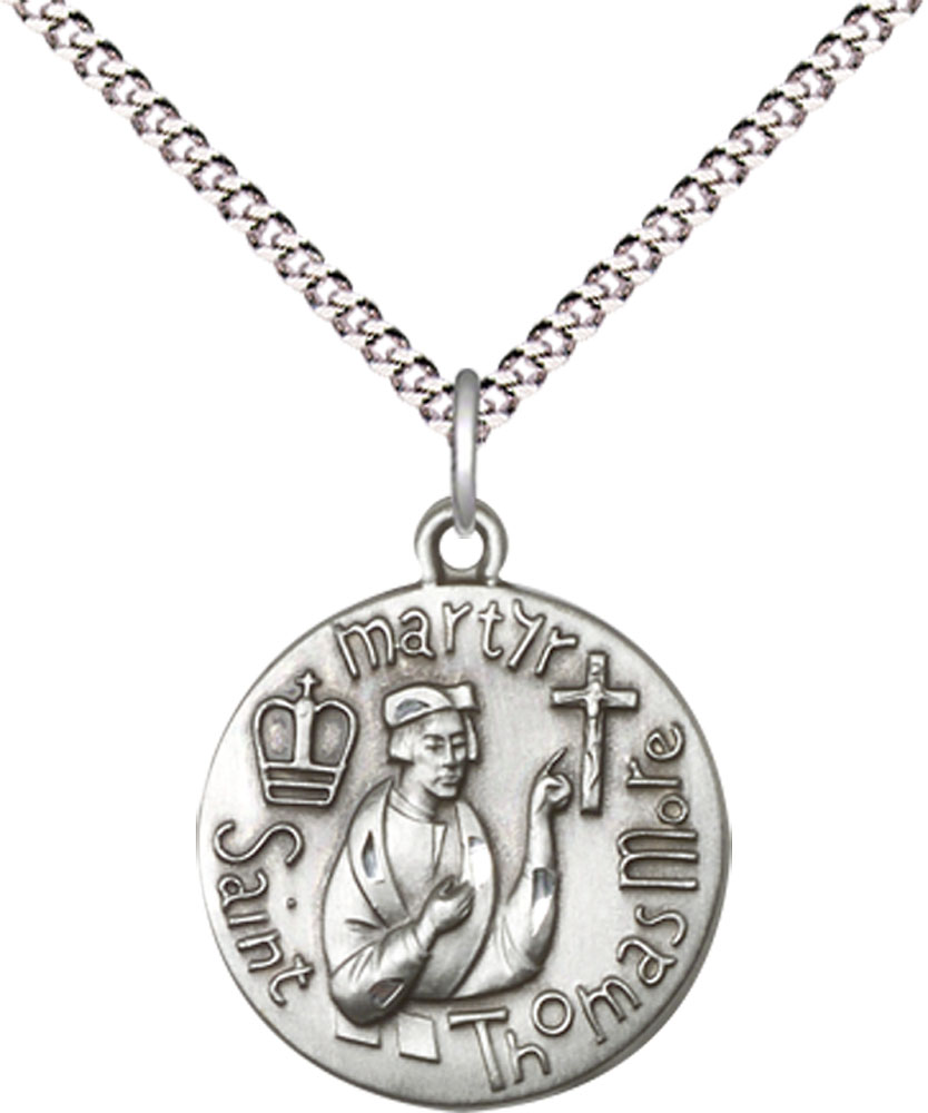 Sterling Silver Saint Thomas More Pendant on a 18 inch Light Rhodium Light Curb chain