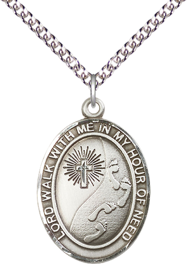 Sterling Silver Footprints Cross Pendant on a 24 inch Sterling Silver Heavy Curb chain