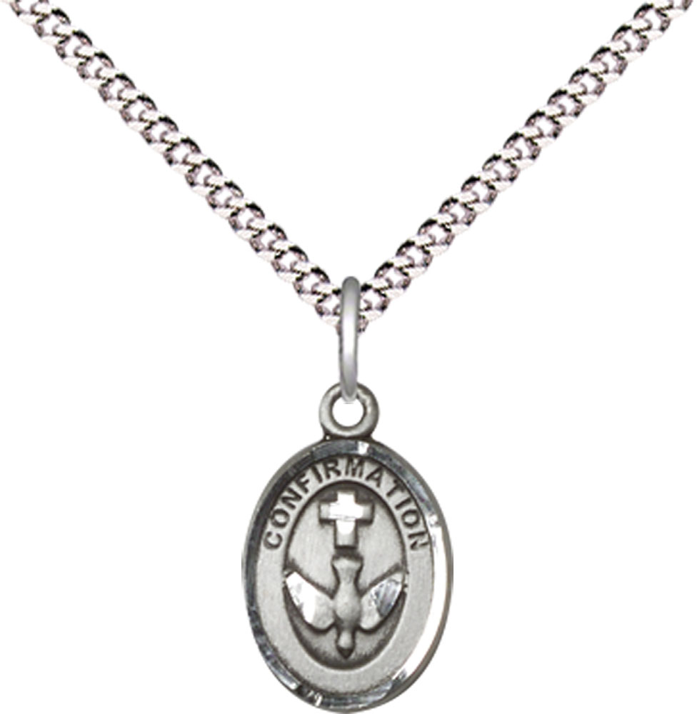 Sterling Silver Confirmation Pendant on a 18 inch Light Rhodium Light Curb chain