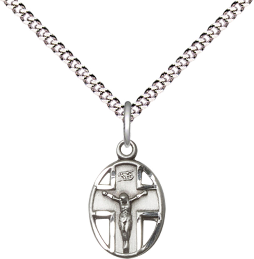 Sterling Silver Crucifix Pendant on a 18 inch Light Rhodium Light Curb chain