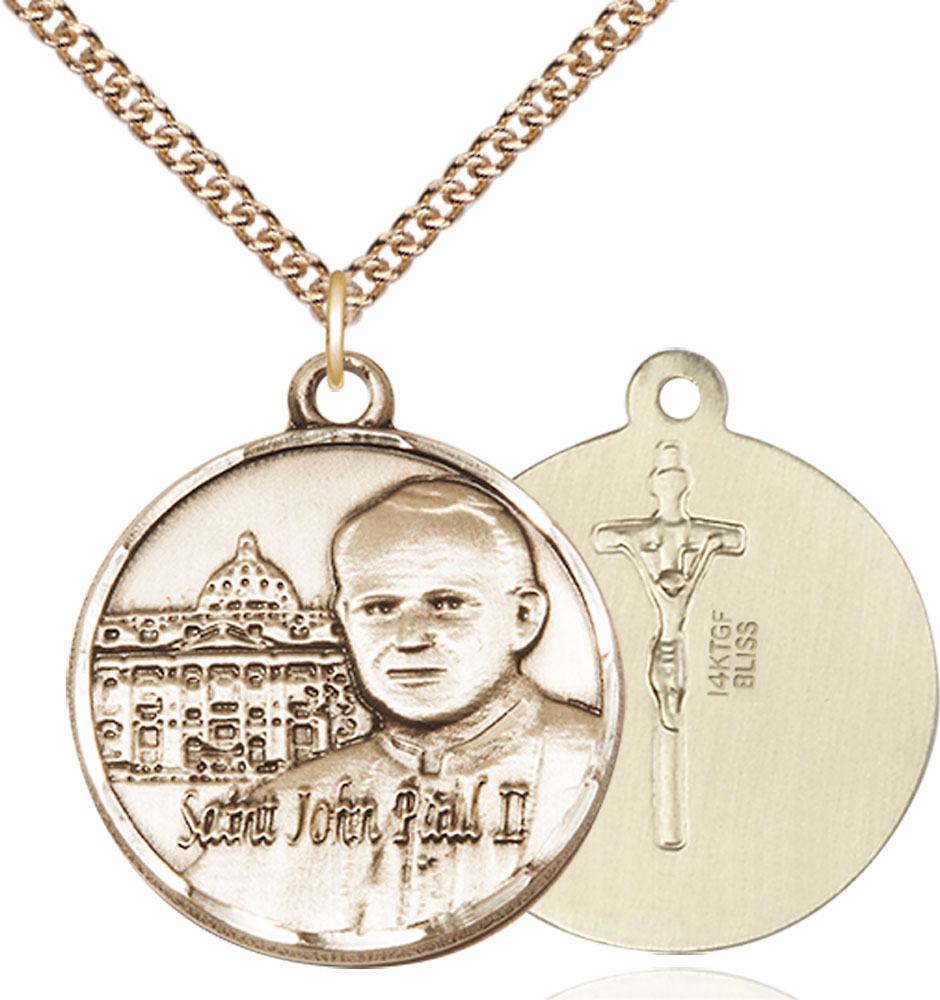 14kt Gold Filled Saint John Paul II Vatican Pendant on a 24 inch Gold Filled Heavy Curb chain