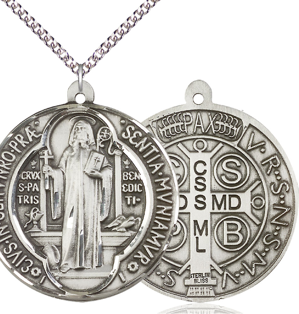 Sterling Silver Saint Benedict Pendant on a 24 inch Sterling Silver Heavy Curb chain