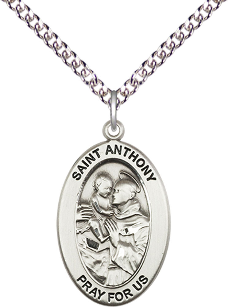 Sterling Silver Saint Anthony of Padua Pendant on a 24 inch Sterling Silver Heavy Curb chain