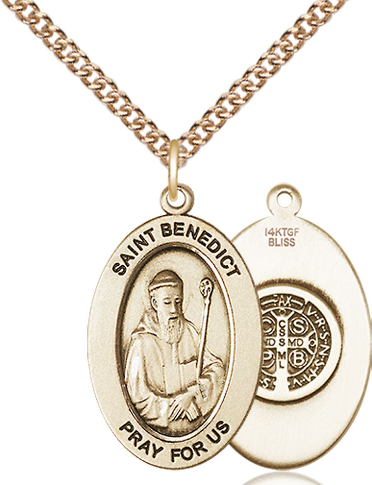 14kt Gold Filled Saint Benedict Pendant on a 24 inch Gold Filled Heavy Curb chain