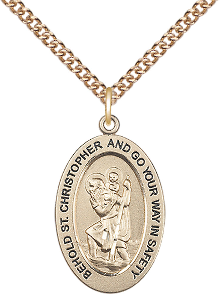 14kt Gold Filled Saint Christopher Pendant on a 24 inch Gold Filled Heavy Curb chain