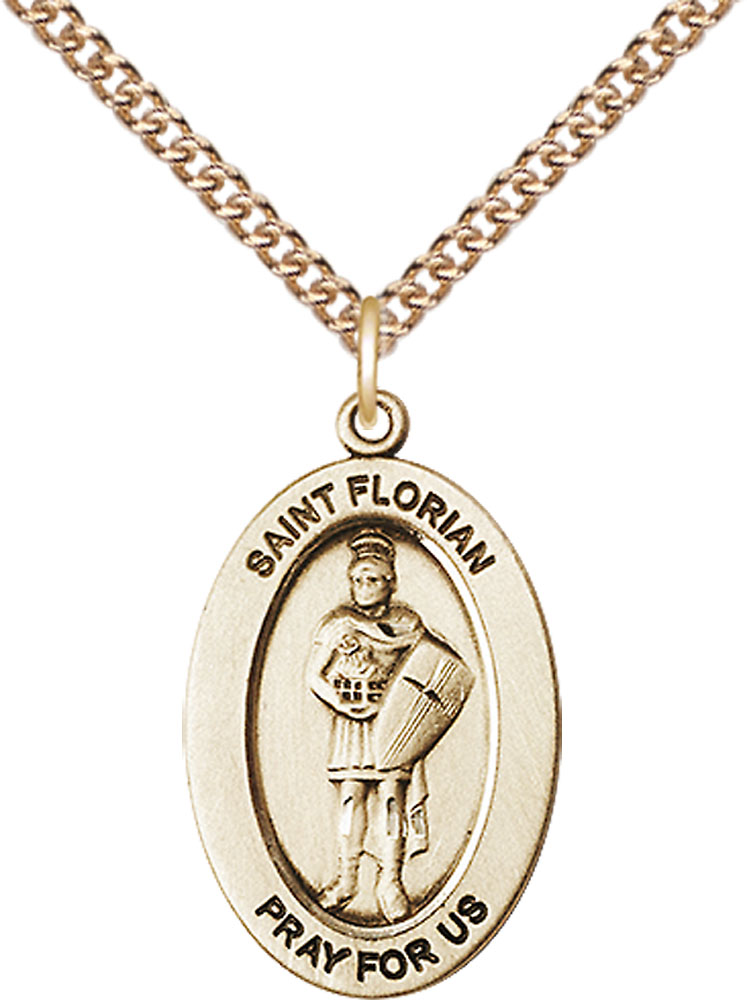 14kt Gold Filled Saint Florian Pendant on a 24 inch Gold Filled Heavy Curb chain