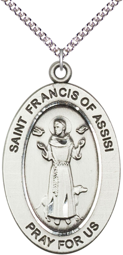 Sterling Silver Saint Francis of Assisi Pendant on a 24 inch Sterling Silver Heavy Curb chain
