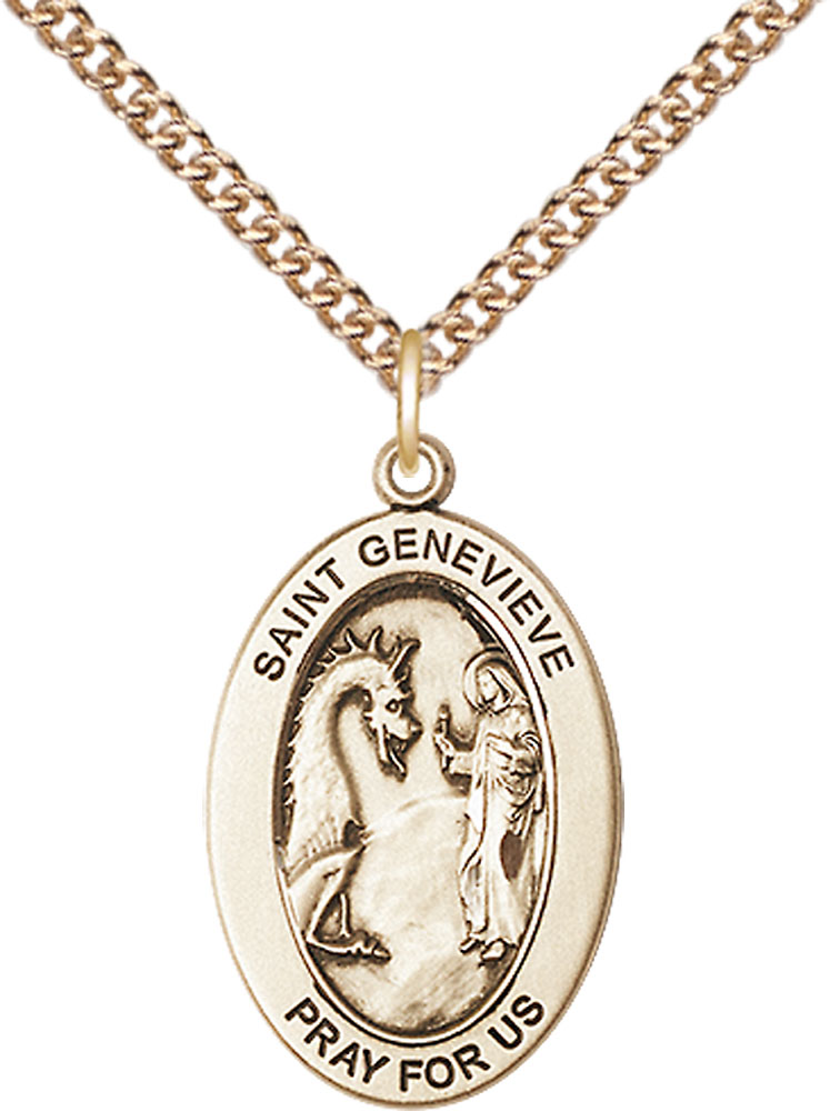 14kt Gold Filled Saint Genevieve Pendant on a 24 inch Gold Filled Heavy Curb chain