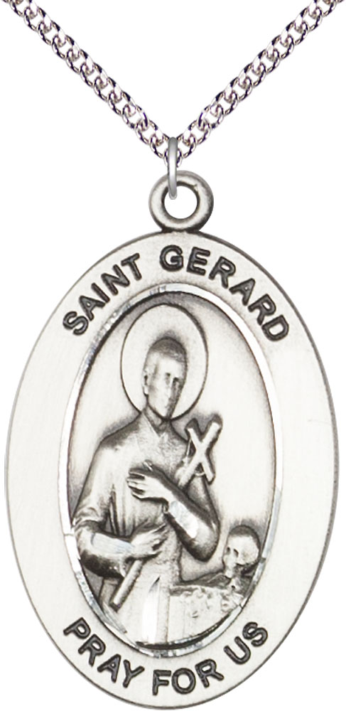 Sterling Silver Saint Gerard Majella Pendant on a 24 inch Sterling Silver Heavy Curb chain