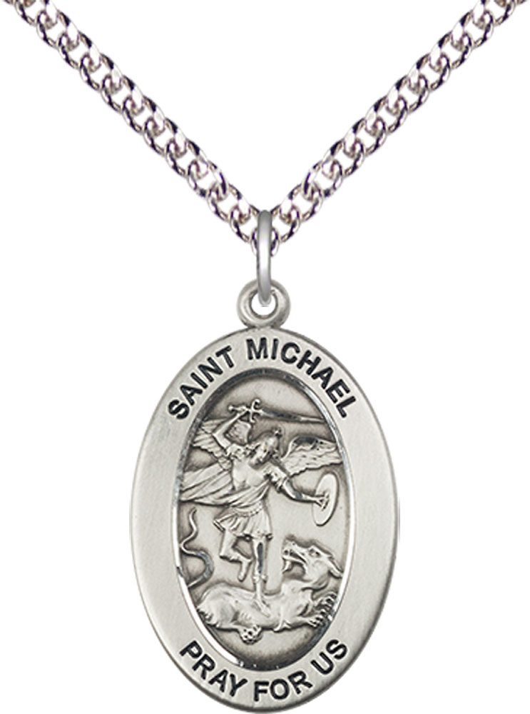 Sterling Silver Saint Michael the Archangel Pendant on a 24 inch Sterling Silver Heavy Curb chain