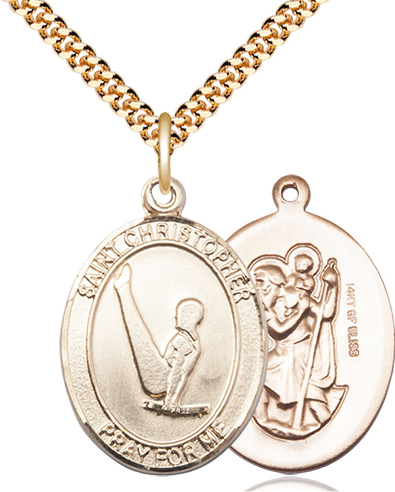 14kt Gold Filled Saint Christopher Gymnastics Pendant on a 24 inch Gold Plate Heavy Curb chain
