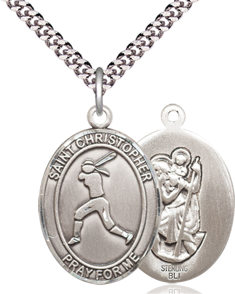 Sterling Silver Saint Christopher Softball Pendant on a 24 inch Light Rhodium Heavy Curb chain