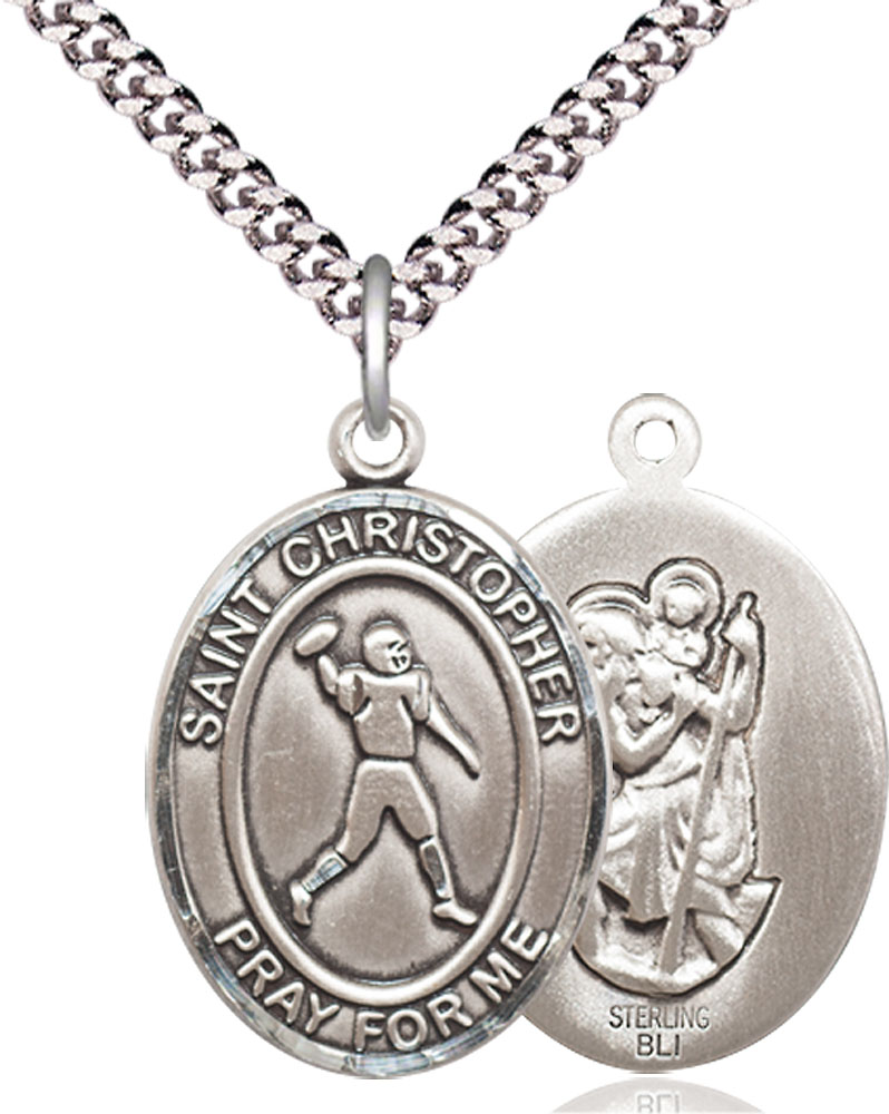 Sterling Silver Saint Christopher Football Pendant on a 24 inch Light Rhodium Heavy Curb chain
