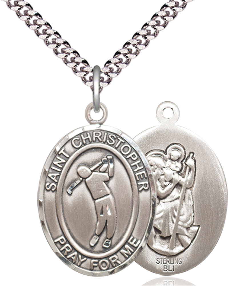 Sterling Silver Saint Christopher Golf Pendant on a 24 inch Light Rhodium Heavy Curb chain