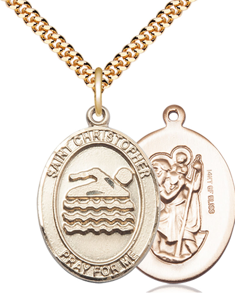 14kt Gold Filled Saint Christopher Swimming Pendant on a 24 inch Gold Plate Heavy Curb chain