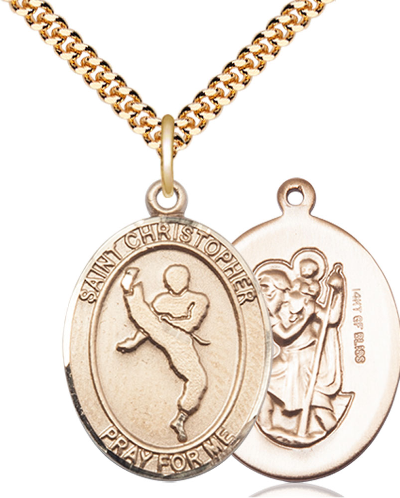 14kt Gold Filled Saint Christopher Martial Arts Pendant on a 24 inch Gold Plate Heavy Curb chain