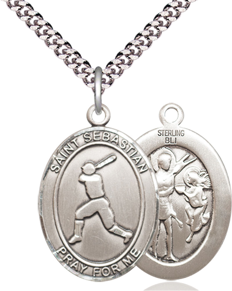 Sterling Silver Saint Sebastian Baseball Pendant on a 24 inch Light Rhodium Heavy Curb chain