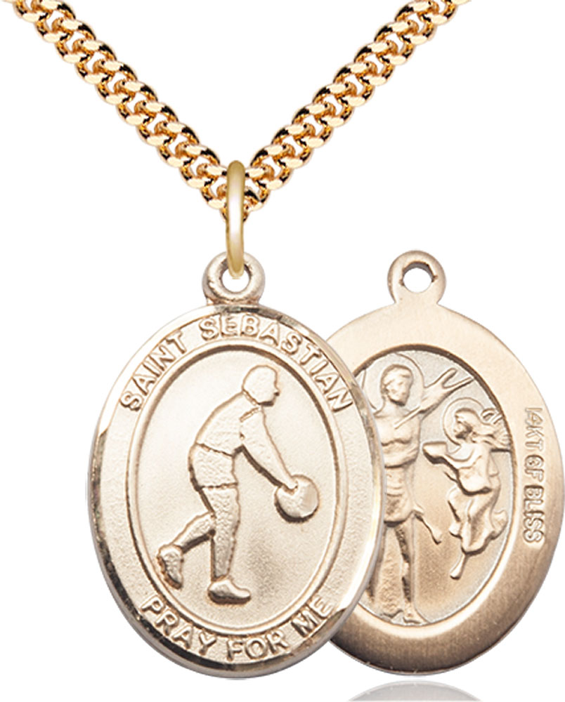 14kt Gold Filled Saint Sebastian Basketball Pendant on a 24 inch Gold Plate Heavy Curb chain