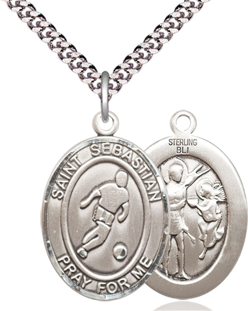 Sterling Silver Saint Sebastian Soccer Pendant on a 24 inch Light Rhodium Heavy Curb chain