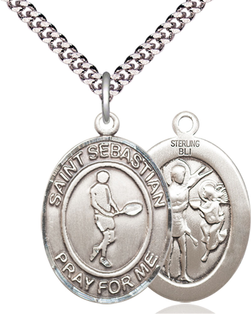 Sterling Silver Saint Sebastian Tennis Pendant on a 24 inch Light Rhodium Heavy Curb chain