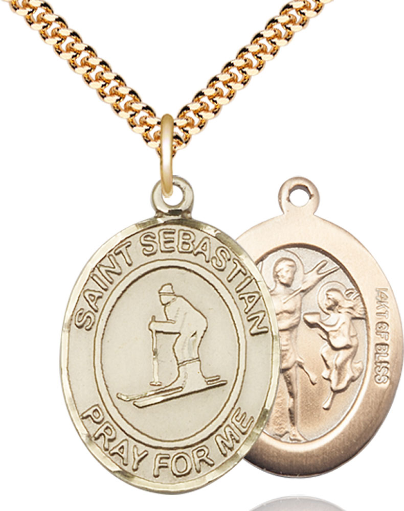14kt Gold Filled Saint Sebastian Skiing Pendant on a 24 inch Gold Plate Heavy Curb chain