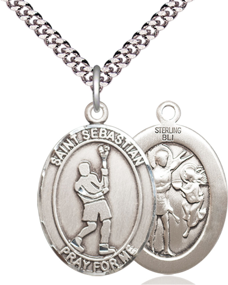 Sterling Silver Saint Sebastian Lacrosse Pendant on a 24 inch Light Rhodium Heavy Curb chain
