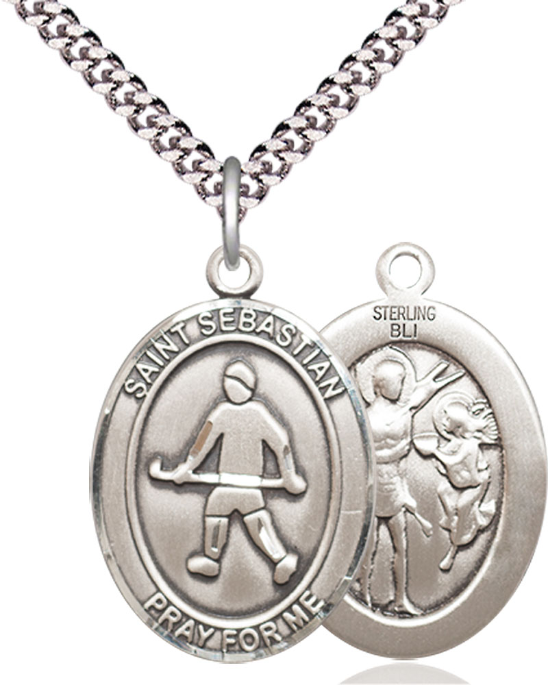 Sterling Silver Saint Sebastian Field Hockey Pendant on a 24 inch Light Rhodium Heavy Curb chain