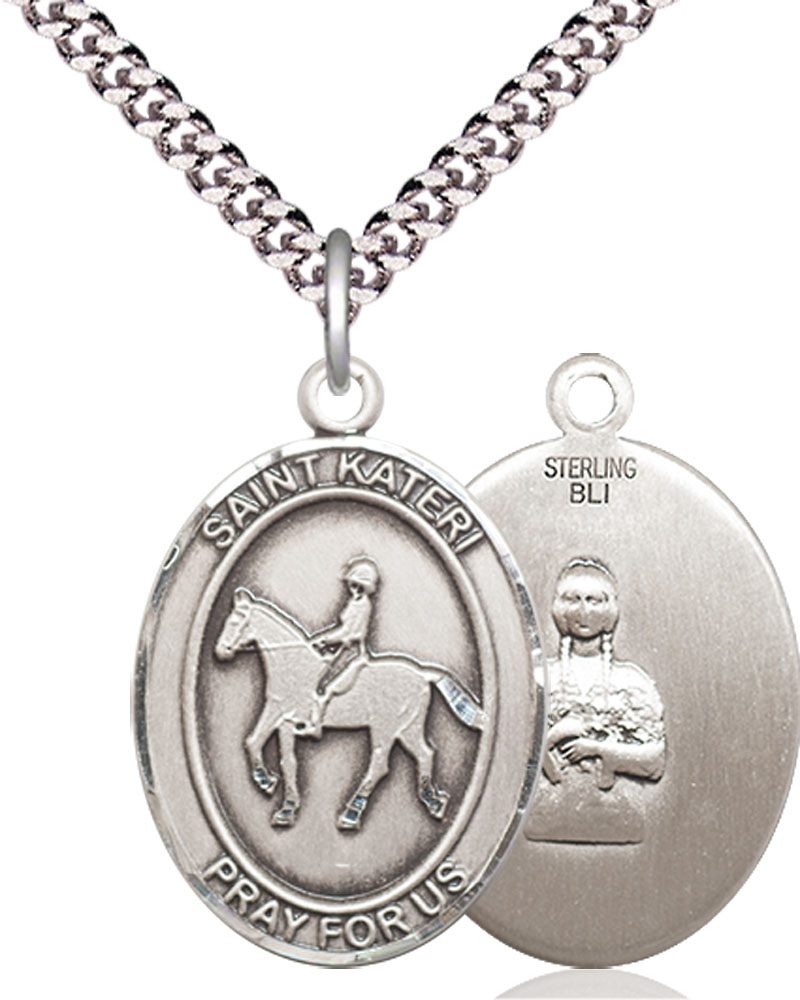 Sterling Silver Saint Kateri Equestrian Pendant on a 24 inch Light Rhodium Heavy Curb chain