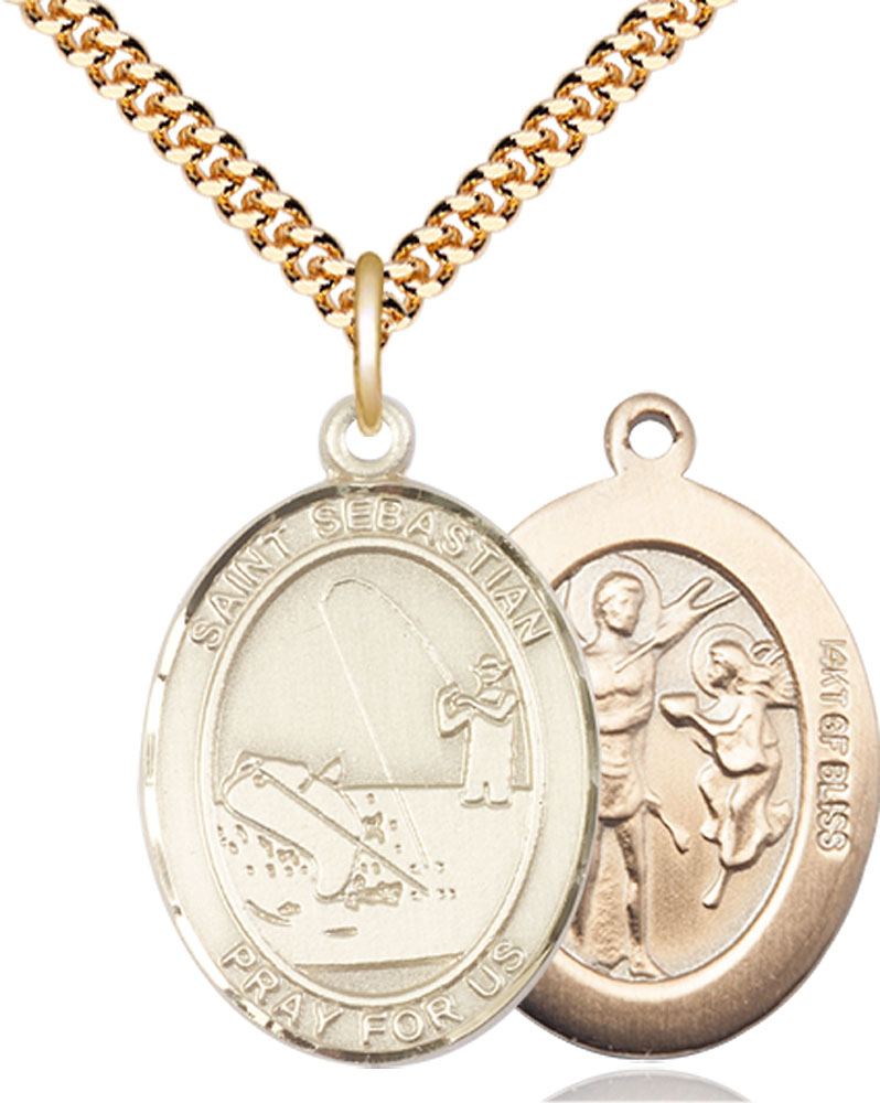 14kt Gold Filled Saint Sebastian Fishing Pendant on a 24 inch Gold Plate Heavy Curb chain