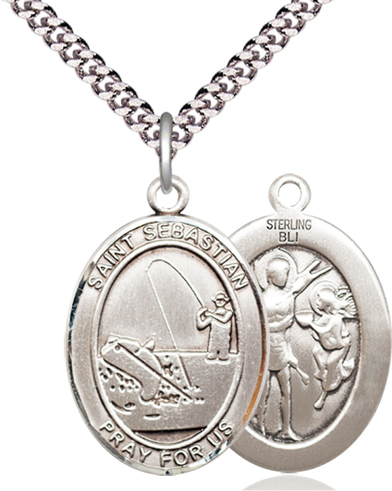 Sterling Silver Saint Sebastian Fishing Pendant on a 24 inch Light Rhodium Heavy Curb chain
