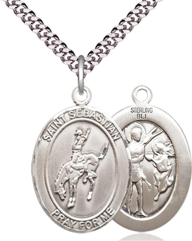 Sterling Silver Saint Sebastian Rodeo Pendant on a 24 inch Light Rhodium Heavy Curb chain